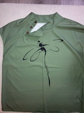 SHEIN Olive Green Cap Sleeve Blouse with Black Abstract Print
